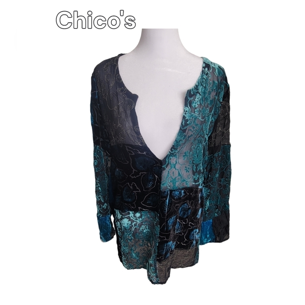 Chico's Patchwork Boho Silk Teal, Black, Gold Velvet Burnout Top Size M / 1